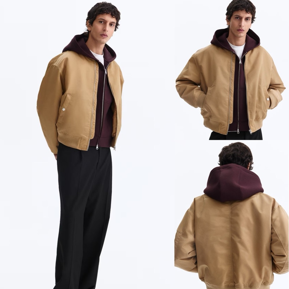 H&M Padded Nylon Loose Fit Bomber Jacket Coat Top Size Small Dusty Beige